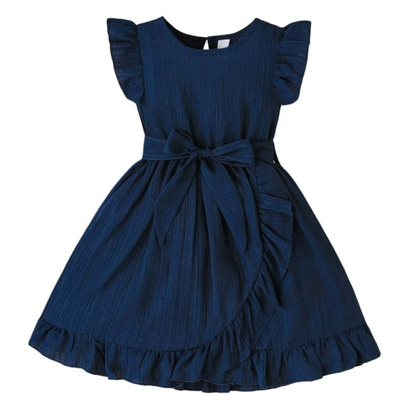Wdgfv Girls Summer Dresses Casual Comfortable Flutter Sleeve Striped Round Neck Belted Toddler Kids Dress Age 3-7 Navy 3-4 Years