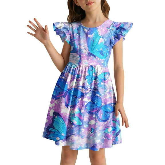 Wdgfv Girls Summer Dresses Floral Print Casual Short Sleeve Toddler Kids Playful Outfit Comfortable Breathable Fabric Easy Care Daily Wear School Outdoor Blue 6-7 Years