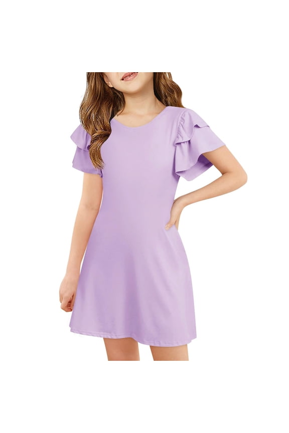Girls Summer Dresses Round Neck Short Sleeve Casual Comfortable Pocket A-Line Dress for Kids 3-12 Years Playful Outfit Purple 5-6 Years