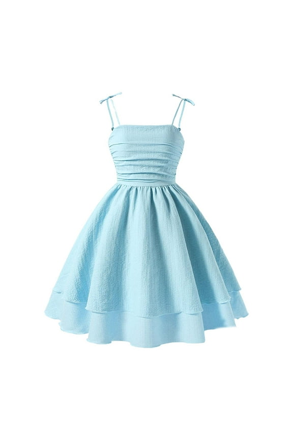 Girls Summer Spaghetti Straps Smocked Ruched A Line Swing Dress Flowy Double Layered Tween Girl Party Dresses
