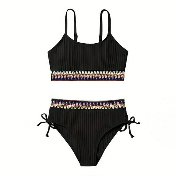 Wdgfv Girls Swimsuits Teen Two Piece Bathing Suit High Waist Bikini Set with Chest Pad Color Block Swimwear for Beach Pool Summer Black 15-16 years