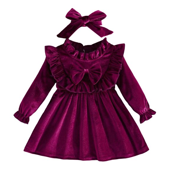 Wdgfv Girls Velvet Long Sleeve Party Dress Elegant Holiday Outfit with Bow Headband Toddler Baby Formal Christmas Birthday Gown 2-3 Years