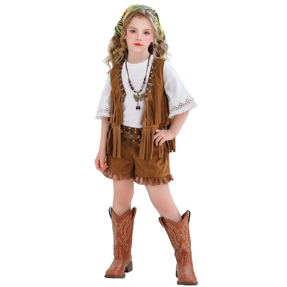 Wdgfv Girls Western Boho Outfits Fringe Vest Shorts Set For Oktoberfest Summer Casual Wear Toddler Teen Retro Style Brown 8-9 Years