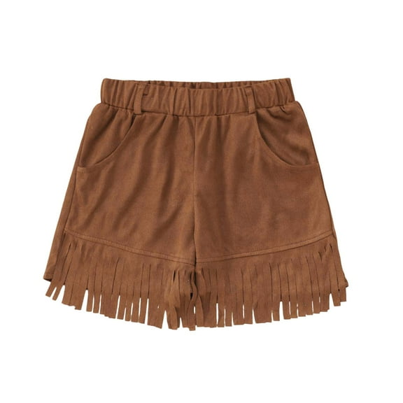 Wdgfv Girls Western Fringe Shorts Bohemian Vest Outfit Summer Festival Suede Tassel Pockets Age 5-14 Years Brown 9-10 Years