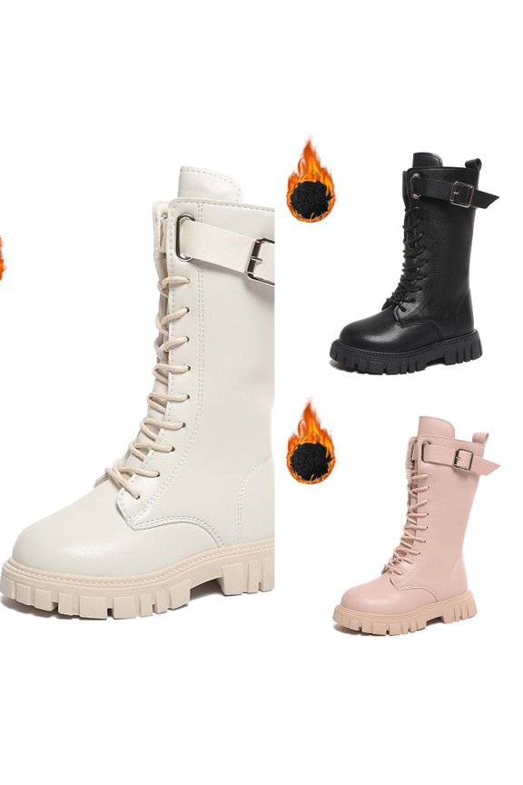 Girls White Lace Up Riding Boots Mid Calf Combat Boots Thick Bottom Non Easy To Wear PU Upper Comfortable Boots 8-9 Years