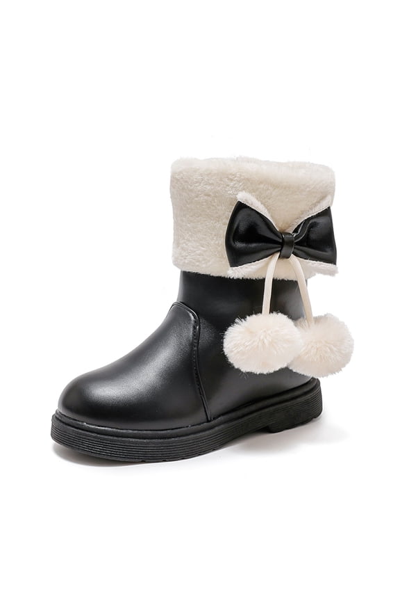 Girls Winter Snow Boots Warm Thick Sole Non Comfortable Casual Solid Color Bow Design Durable Footwear for Kids Black 5-5.5 Years