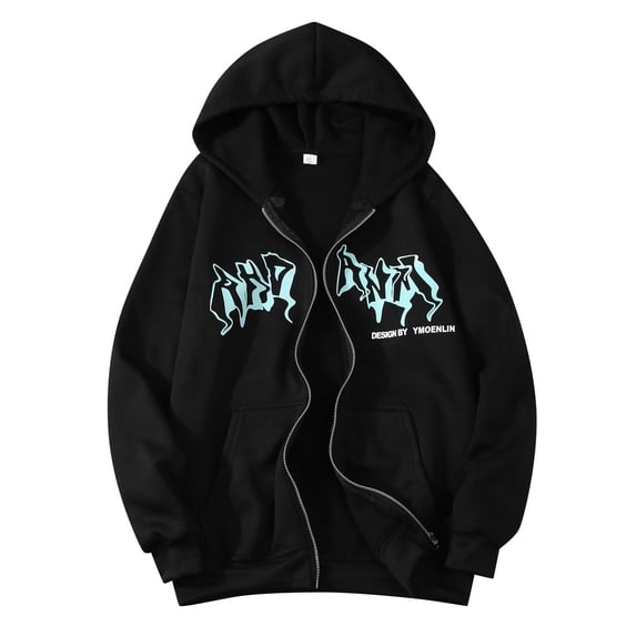 Wdgfv Gothic Zip Up Hoodies For Women Letter Print Fleece Hooded Jackets Y2K Fall Winter Fashion Coat Sweatshirts With Pockets