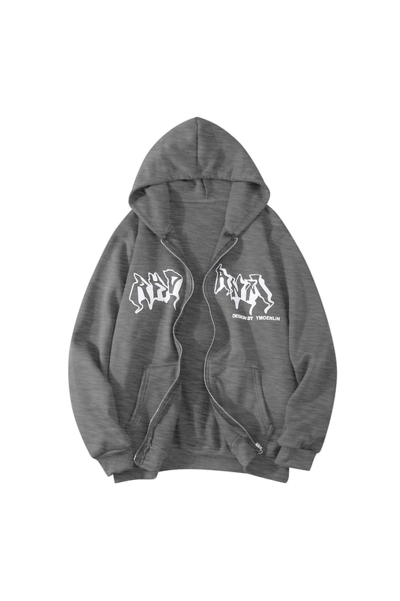 Gothic Zip Up Hoodies For Women Letter Print Fleece Hooded Jackets Y2K Fall Winter Fashion Coat Sweatshirts With Pockets