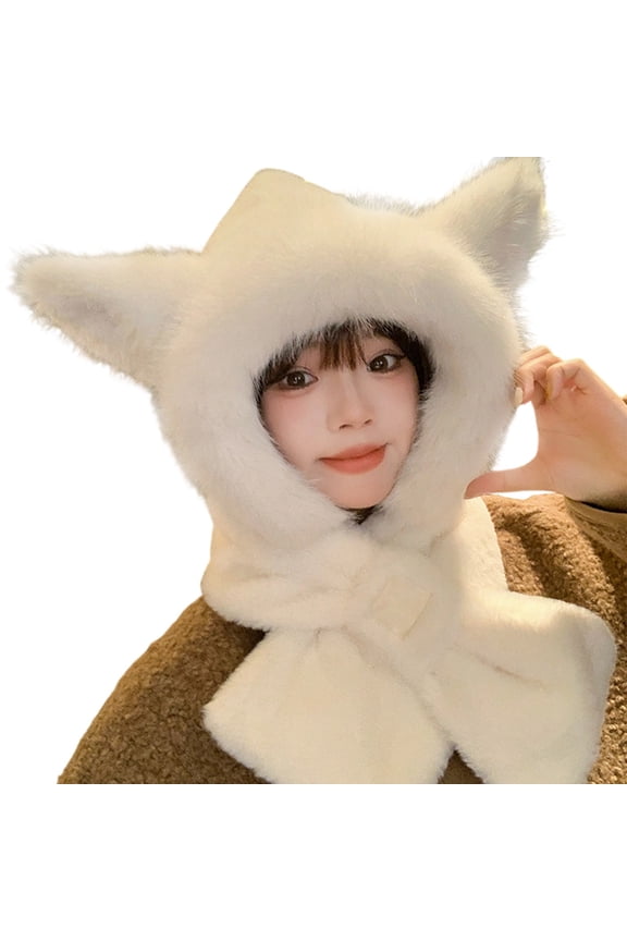 Hat With Integrated Ear And Detachable Scarf Hooded Winter Cap For Women And Men White One Size