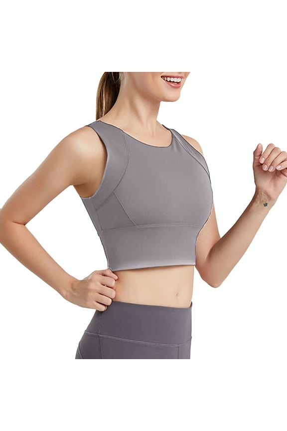 High Neck Sports Bra for Women Longline Full Coverage Sports Bras Medium Impact Padded Workout Crop Tops for Yoga Gym Light Gray L