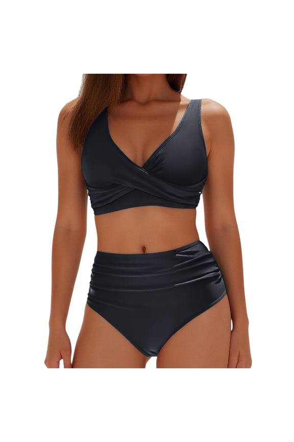 High Waisted Bikini Sets for Women Twist Front Tie Back 2 Piece Bathing Suit V Neck Ruched Swimsuits Bikinis