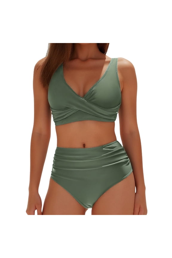 High Waisted Bikini Sets for Women Twist Front Tie Back 2 Piece Bathing Suit V Neck Ruched Swimsuits Bikinis