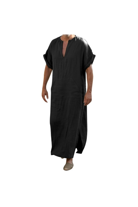 Kaftan Thobe Mens Short Sleeve V-Neck Linen Robe Big and Tall Robe Casual Loose Lightweight Long Sleeping Gown