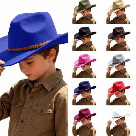 Wdgfv Kids Cowboy Hat for Girls Boys Western Cowgirl Hat with Buckle Belt Unisex Wide Brim Fedora Hat Dress Up Costume 6-12 Years