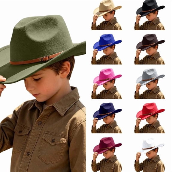 Wdgfv Kids Cowboy Hat for Girls Boys Western Cowgirl Hat with Buckle Belt Unisex Wide Brim Fedora Hat Dress Up Costume 6-12 Years