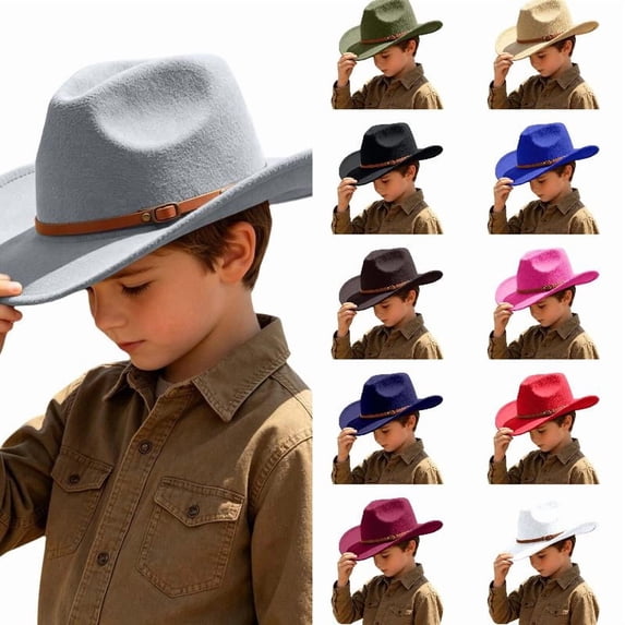 Wdgfv Kids Cowboy Hat for Girls Boys Western Cowgirl Hat with Buckle Belt Unisex Wide Brim Fedora Hat Dress Up Costume 6-12 Years