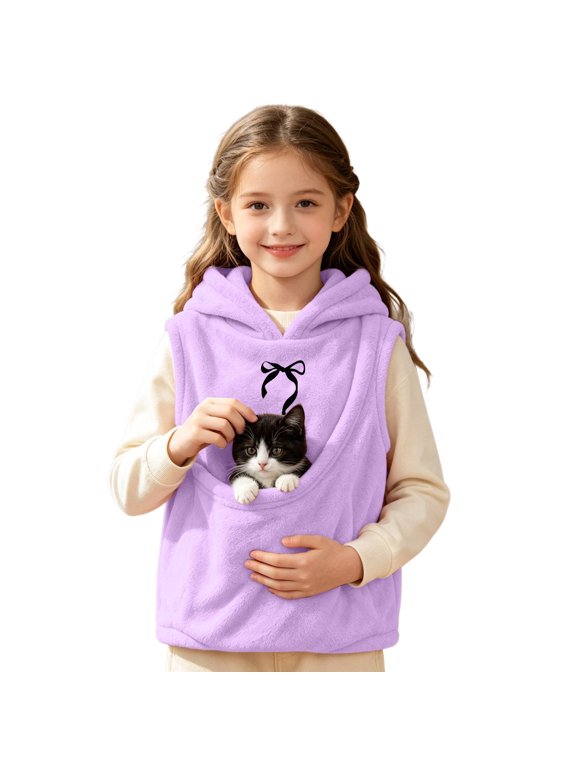 Kids Pet Pocket Hooded Vest for Girls, Polka Dot Sleeveless Cat Carrier Outerwear 13-14 Years