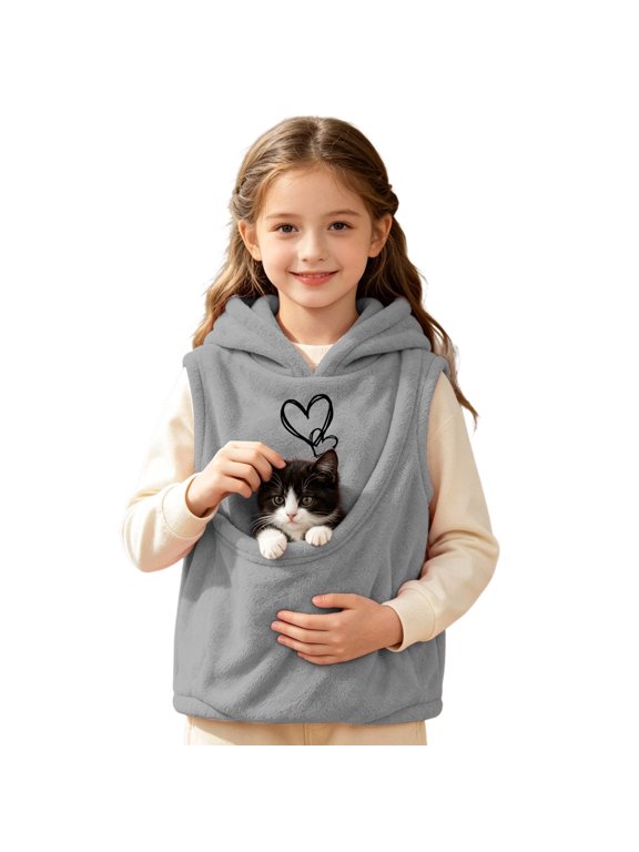 Kids Pet Pocket Hooded Vest for Girls, Polka Dot Sleeveless Cat Carrier Outerwear 5-6 Years