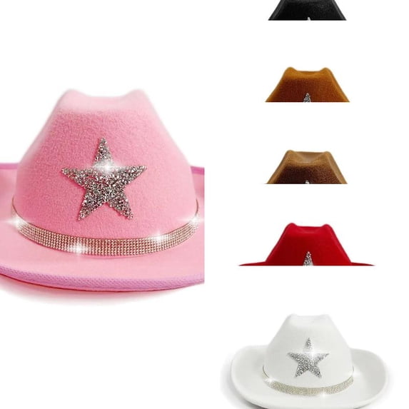 Wdgfv Kids Sparkly Cowgirl Hat with Rhinestone Stars Western Felt Hat for Girls and Boys Party Play and 4-10 Years