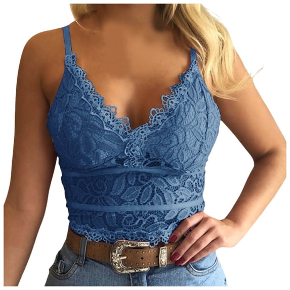 Wdgfv Lace Bralette for Women V Neck Camisoles Racerback Adjustable Strap Crop Tops Blue S