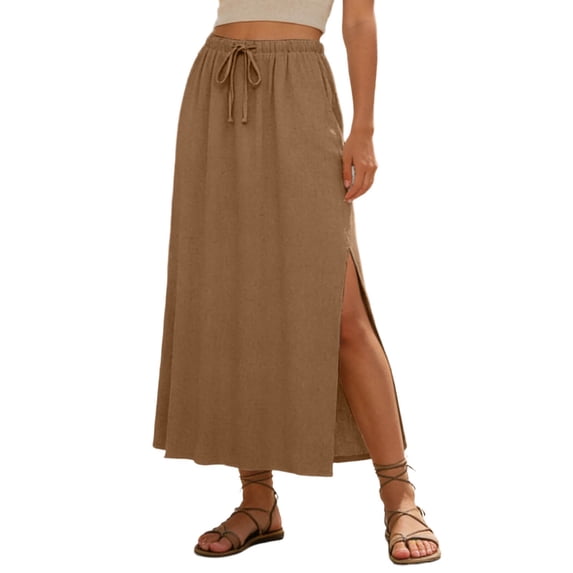 Wdgfv Linen Straight Maxi Skirt with Side Slit - Elastic Waist Drawstring Long Flowy Ankle-Length Skirt with Pockets