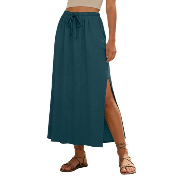 Wdgfv Linen Straight Maxi Skirt with Side Slit - Elastic Waist Drawstring Long Flowy Ankle-Length Skirt with Pockets