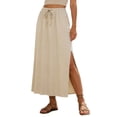 thumbnail image 1 of Wdgfv Linen Straight Maxi Skirt with Side Slit - Elastic Waist Drawstring Long Flowy Ankle-Length Skirt with Pockets, 1 of 7