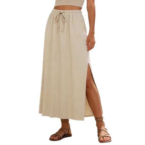 Wdgfv Linen Straight Maxi Skirt with Side Slit - Elastic Waist Drawstring Long Flowy Ankle-Length Skirt with Pockets