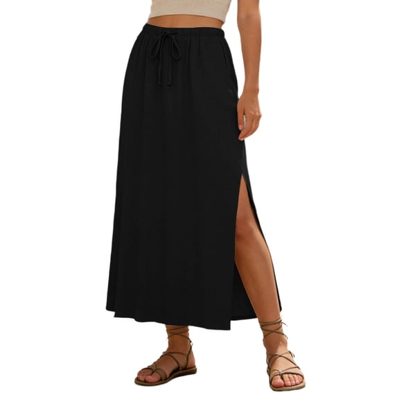 Wdgfv Linen Straight Maxi Skirt with Side Slit - Elastic Waist Drawstring Long Flowy Ankle-Length Skirt with Pockets