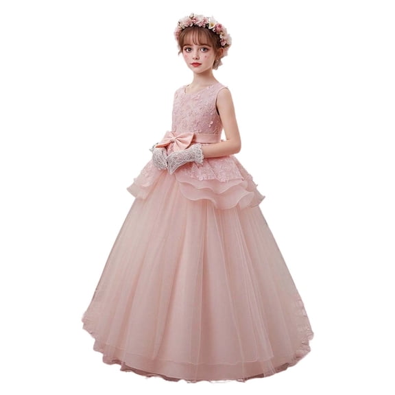 Wdgfv Little/Big Girls Lace Bridesmaid Dress Flower Kid Wedding Ball Gown Toddler Princess Pageant Evening Dresses Pink 13-14 Years