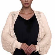 Wdgfv Long Sleeve Crochet Shrugs for Women Summer Crop Cardigan Knit Bolero Sweaters Beige One Size
