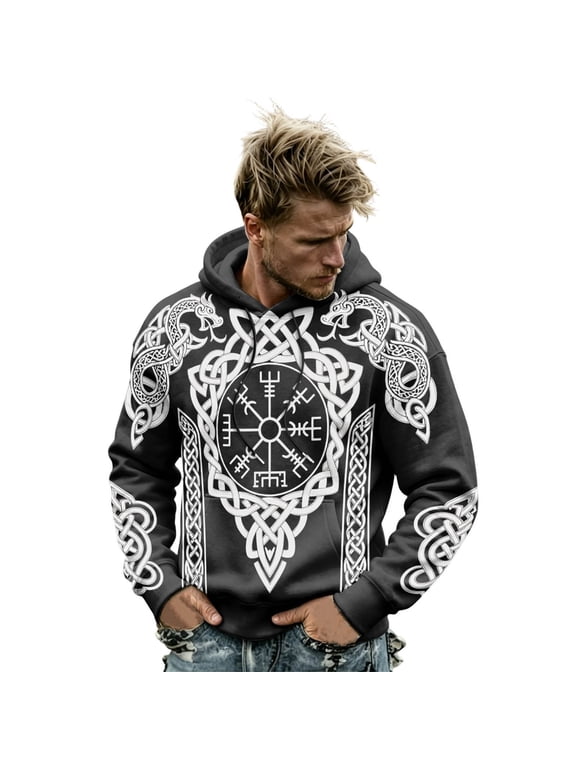 Men Nordic‑Theme Hooded Sweatshirt, Vintage Norse Viking Engraved Sword & Celtic Tribal Knotwork Print Drawstring Pullover Hoodie for Casual & Festival Wear