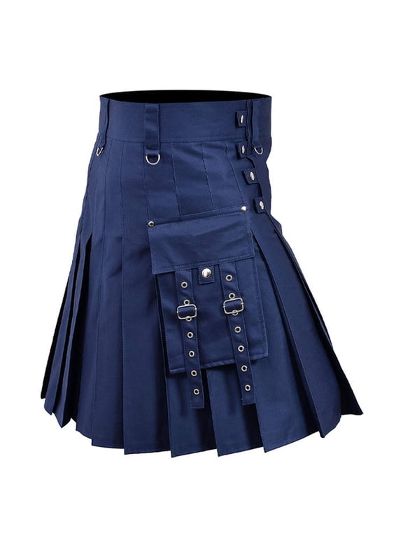 Men's Black Utility Kilt Scottish Traditional Highland Solid Pleated Skirt with Cargo Pockets Modern Gothic Kilts