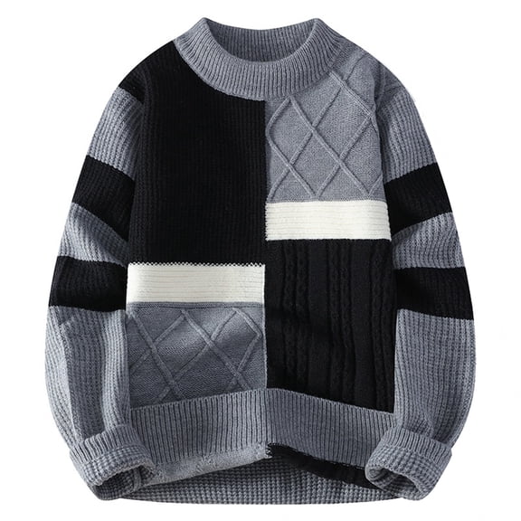 Wdgfv Men's Fashion Knitted Striped Pullover Sweater Coat Soft Warm Winter Color Block Crewneck Design