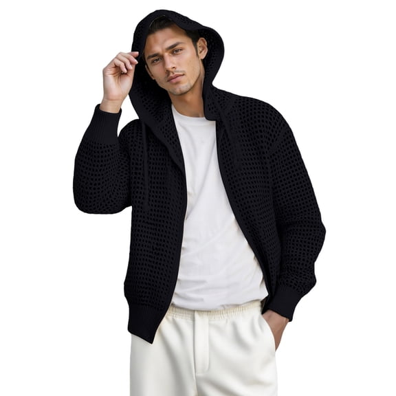 Wdgfv Men's Hollow Knit Hooded Cardigan Sweater Coat Openwork Mesh Casual Loose Fit Long Sleeve Pullover Comfortable Lightweight Outerwear
