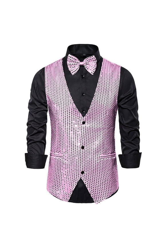 Men's Stylish Sequin Embroidered Performance Vest Jacket for Wedding and Casual Outdoor Events with Comfortable Lightweight Design Pink XL