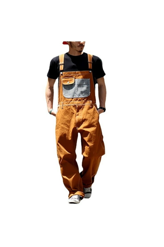 Mens Denim Bib Overalls Baggy Insulated Vintage Contrast Distressed Jumpsuits Workwear Coveralls with Big Tool Pockets