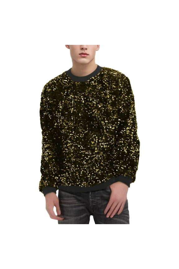 Mens Glitter Sequin Sweatshirt Long Sleeve Pullover Tops with Ribbed Gold XL