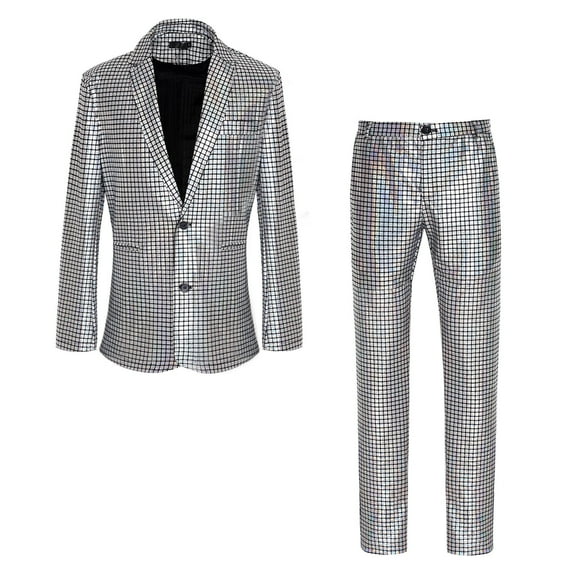 Wdgfv Mens Metallic Shiny Suits Disco Sequin Blazer and Pants 2 Piece Sets for Party Prom