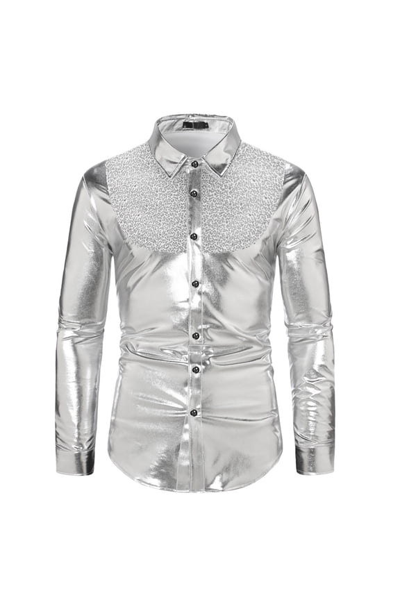 Mens Shiny Sequins Design Silk Like Satin Button Up Disco Party Dress Shirts