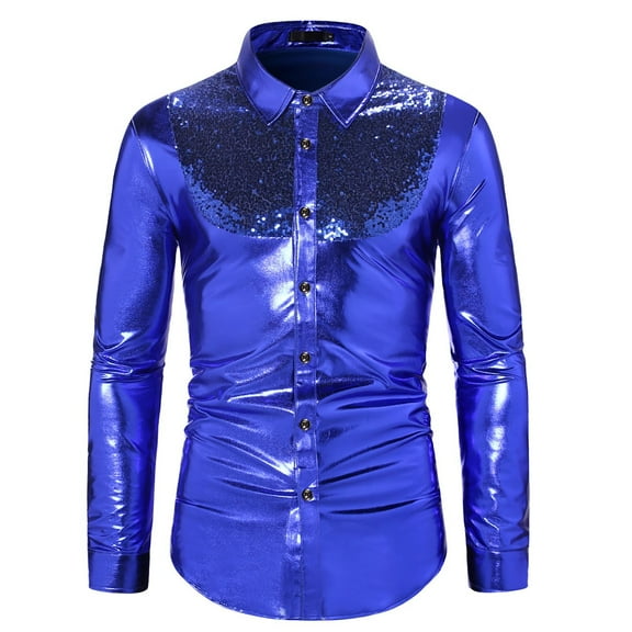 Wdgfv Mens Shiny Sequins Design Silk Like Satin Button Up Disco Party Dress Shirts