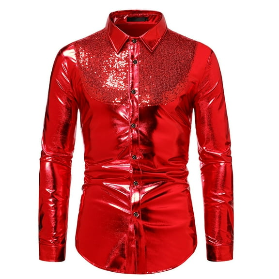 Wdgfv Mens Shiny Sequins Design Silk Like Satin Button Up Disco Party Dress Shirts