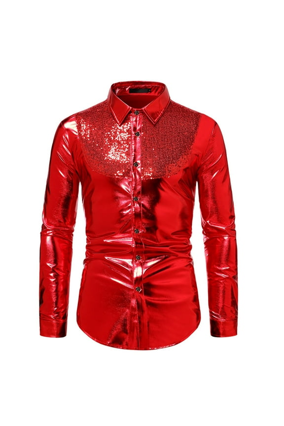 Mens Shiny Sequins Design Silk Like Satin Button Up Disco Party Dress Shirts