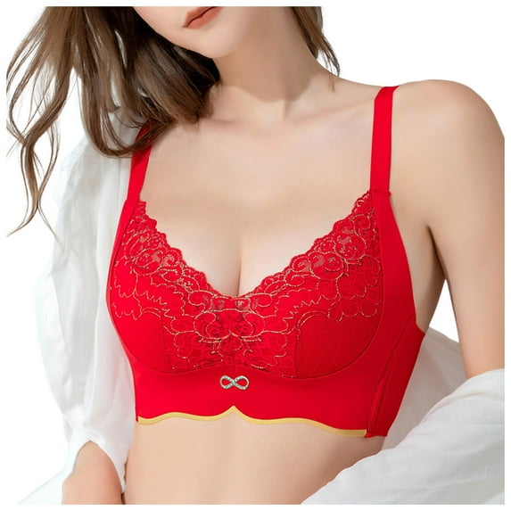Wdgfv No Underwire Lace Bras for Women Sponge Cup Front Closure Bra for Seniors Plus Size Full Coverage Bra No Wire Bras Red 75C