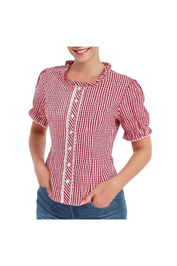Oktoberfest Plaid Shirt for Women Traditional Bavarian Dirndl Blouse German Festival Carnival Outfits