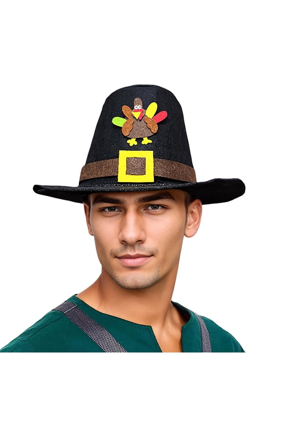 Pilgrim Hat for Men Thanksgiving Turkey Day Novelty Black Top Hat with Gold Buckle Adult Teens Adjustable Accessories Black One Size