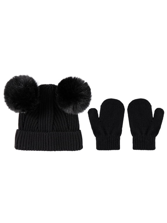 Ribbed Knit Kids Beanie & Mitten Set, Double Pom Pom Warm Toddler Knitted Hat and Gloves Kit, Winter Accessory Set for Boys and Girls