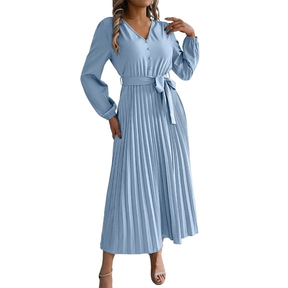 Wdgfv Ruffle Maxi Dress for Women, Pleated A Line Flowy, Business Casual, Holiday Modest Long Sleeve Smocked Spring