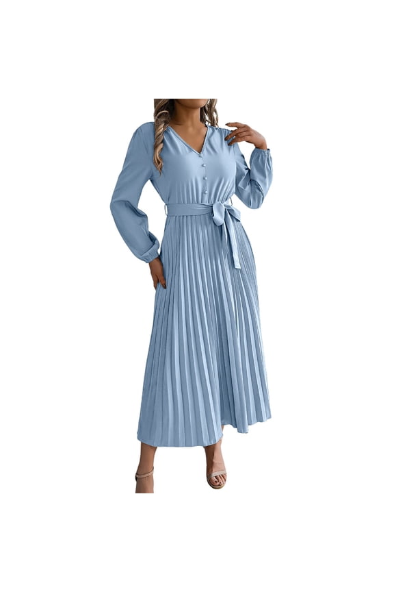 Ruffle Maxi Dress for Women, Pleated A Line Flowy, Business Casual, Holiday Modest Long Sleeve Smocked Spring