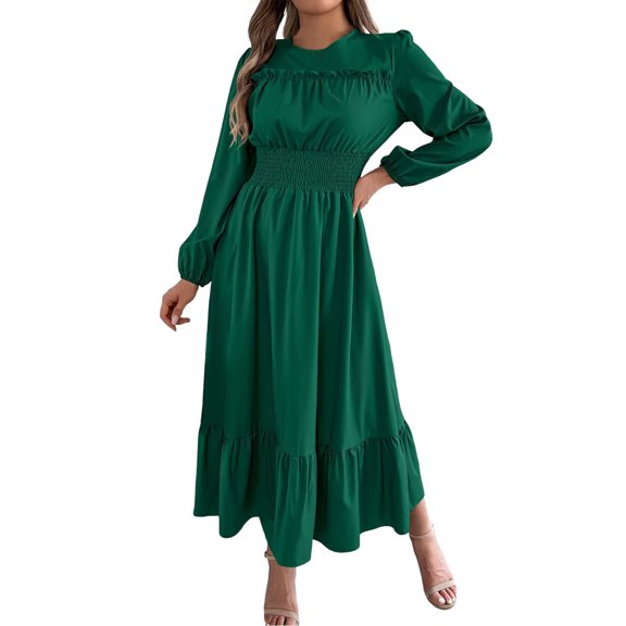 Wdgfv Ruffle Maxi Dress for Women, Pleated A Line Flowy, Business Casual, Holiday Modest Long Sleeve Smocked Spring